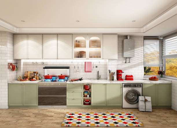 Bright, spacious kitchen with green cabinets, ideal for preparing meals with a toaster.