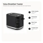 Feature highlights for affordable 2-slice toaster, including controls, bread fit, and everyday toaster use
