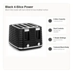 Feature highlights for black 4-slice toaster with dual controls, including controls, bread fit, and everyday toaster use