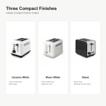 Color options for compact 2-slice toaster for small kitchens on a clean product background