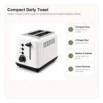 Feature highlights for compact 2-slice toaster for small kitchens, including controls, bread fit, and everyday toaster use