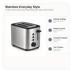 Feature highlights for compact stainless 2-slice toaster, including controls, bread fit, and everyday toaster use