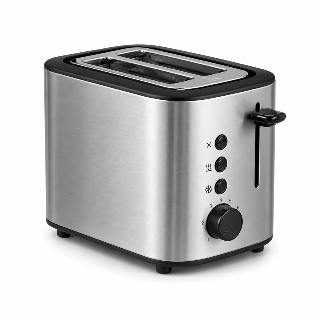 Compact stainless 2-slice toaster shown on a white background for product comparison