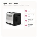 Feature highlights for digital 2-slice toaster with touch controls, including controls, bread fit, and everyday toaster use