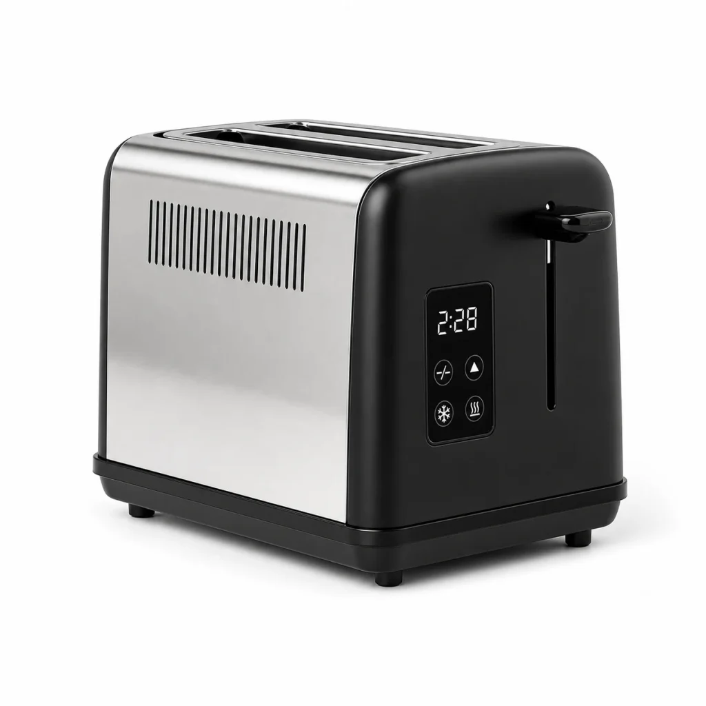 Digital 2-slice toaster with touch controls shown on a white background for product comparison