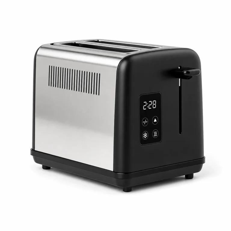 Digital 2-slice toaster with touch controls shown on a white background for product comparison