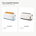 Color options for family-size 4-slice long slot toaster on a clean product background