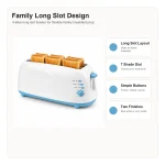 Feature highlights for family-size 4-slice long slot toaster, including controls, bread fit, and everyday toaster use
