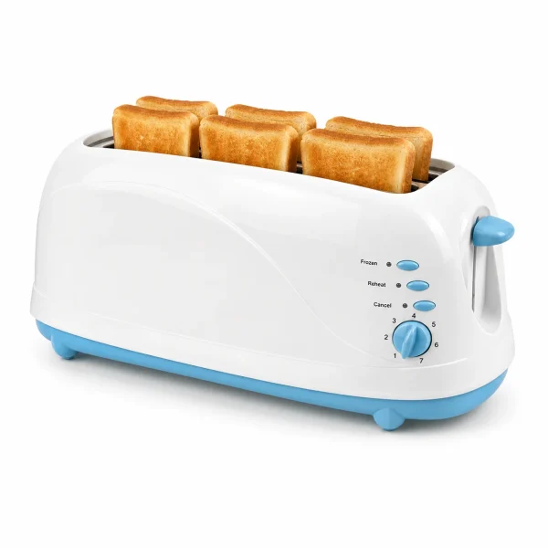 Family-size 4-slice long slot toaster shown on a white background for product comparison