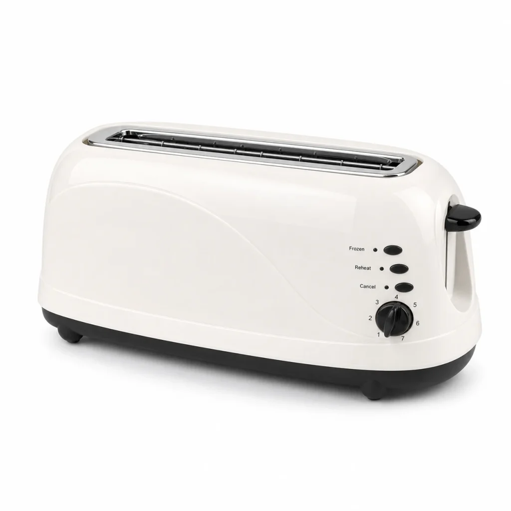 Family-size 4-slice long slot toaster shown on a white background for product comparison