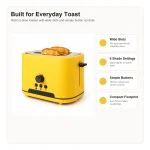 Feature highlights for retro 2-slice wide slot toaster, including controls, bread fit, and everyday toaster use