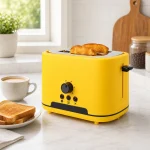 Retro 2-slice wide slot toaster showing slot fit for bread, bagels, or waffles