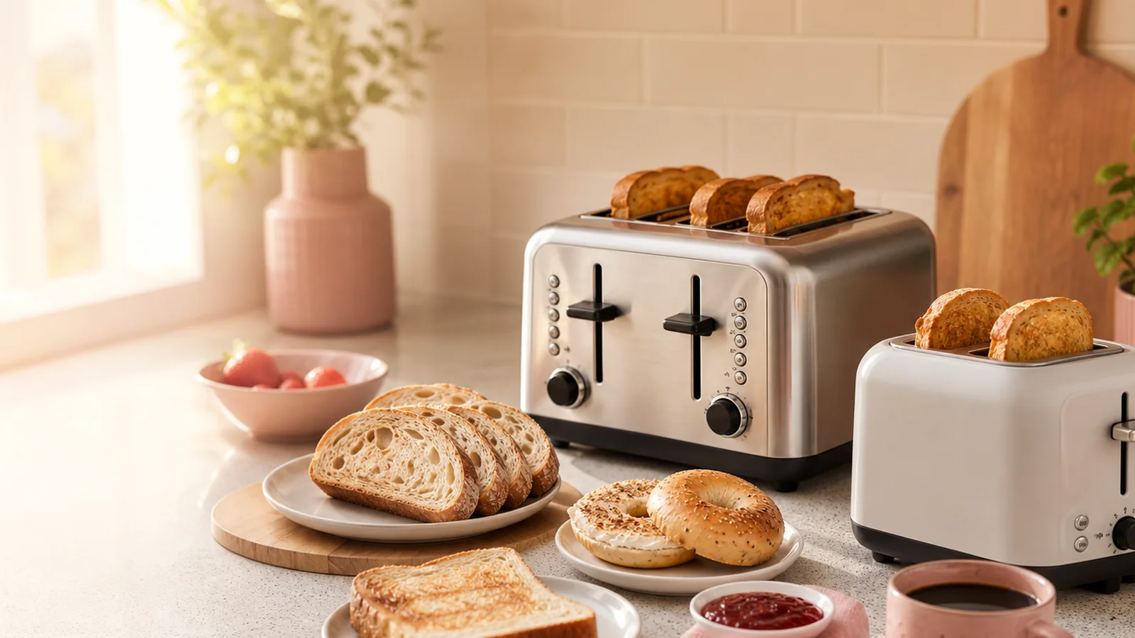 Flat lay of toast, bagel, waffle, measuring tape, and toaster controls