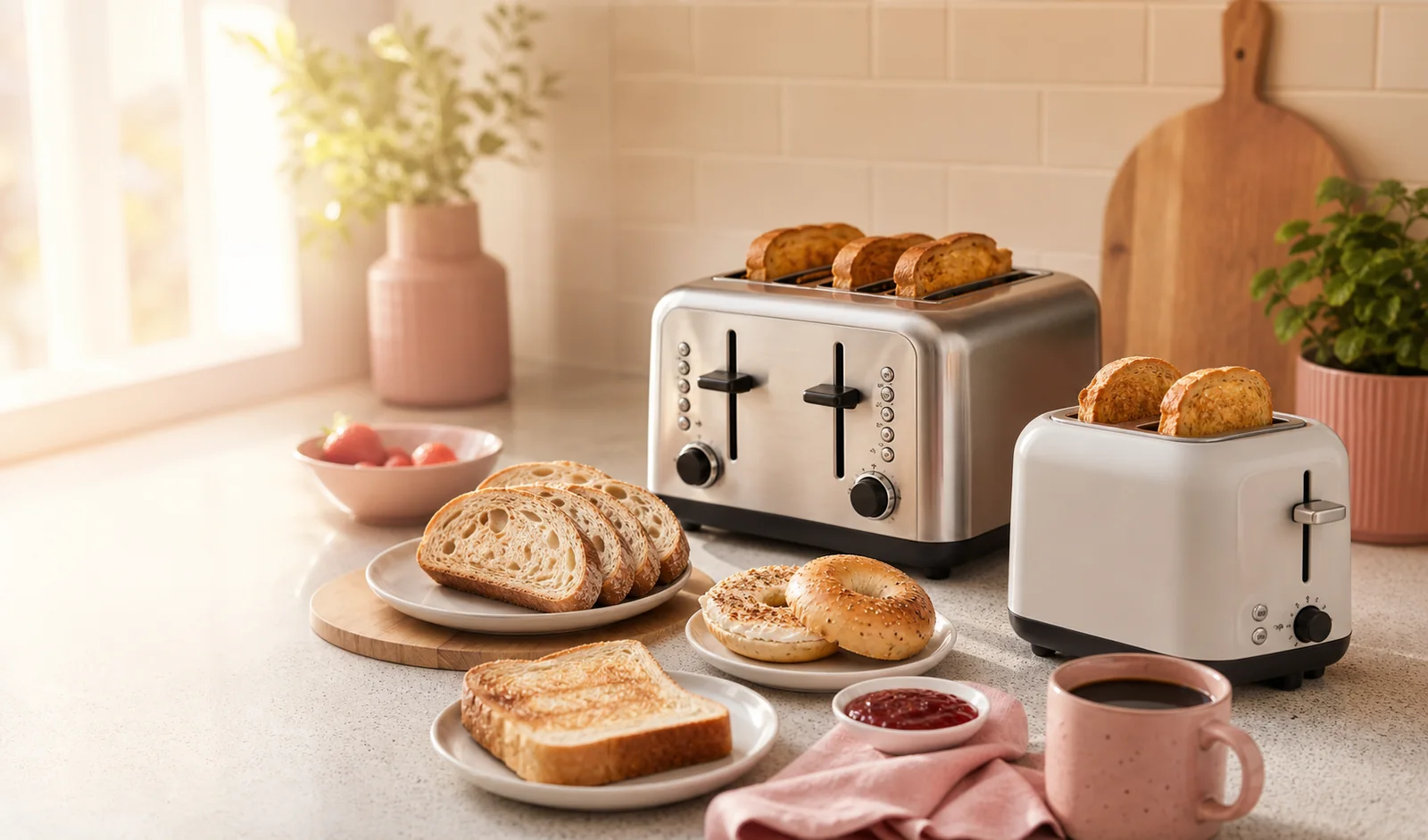 Warm kitchen counter with several toaster options, toast, bagels, and coffee
