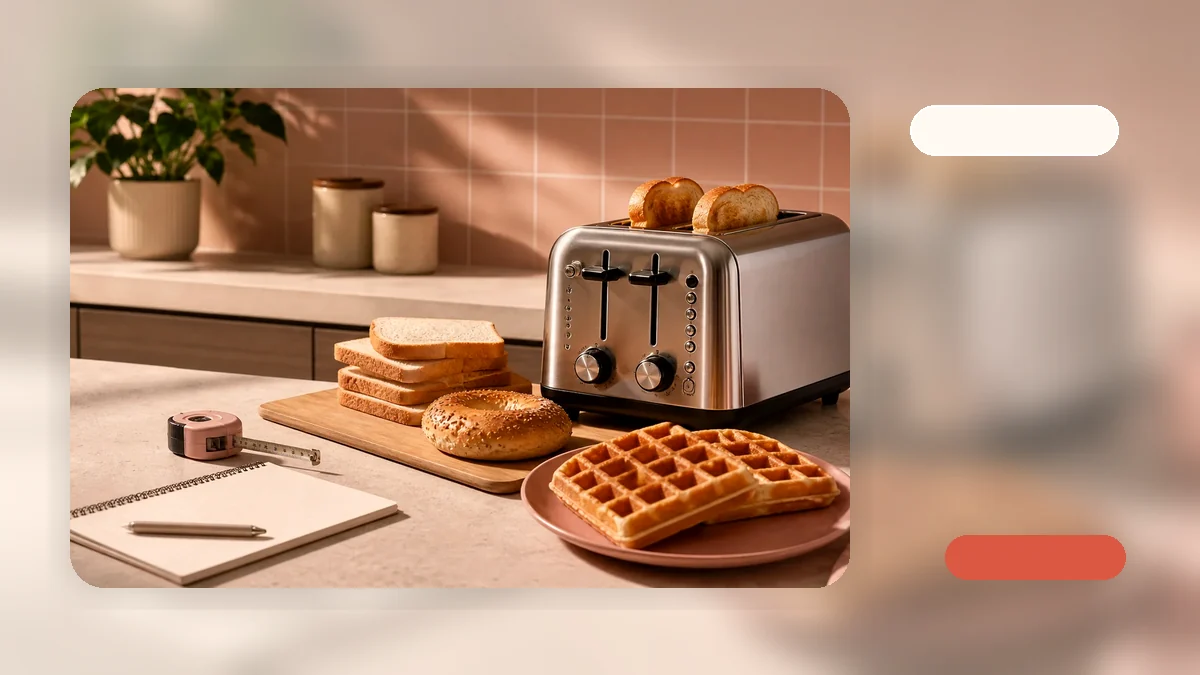 A 4-slice toaster with extra-wide slots holding two bagel halves, ready for toasting on a kitchen countertop.