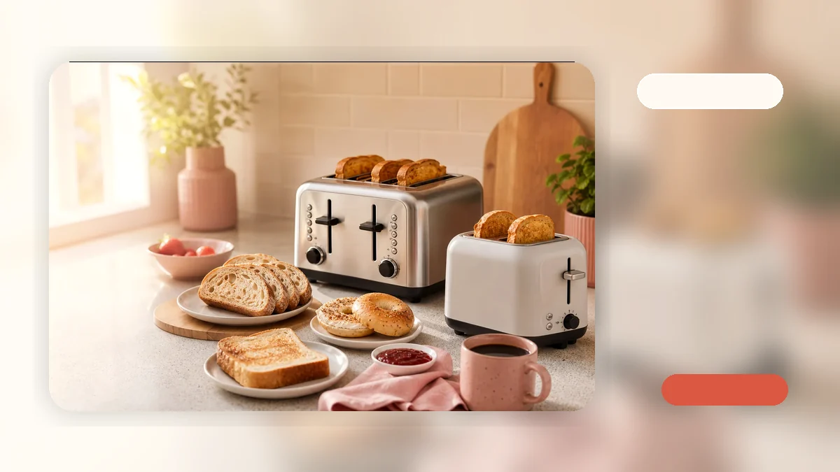 Wide slot toaster with a toasted bagel and English muffin halves on a kitchen countertop