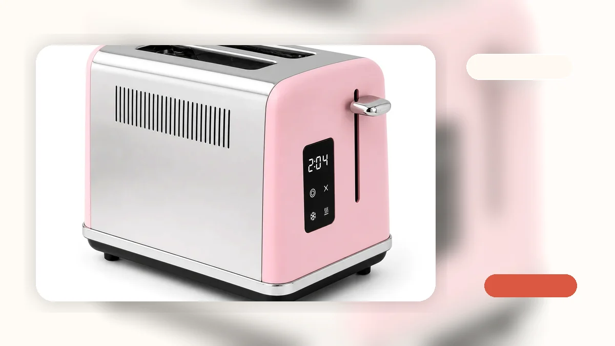 A cool touch toaster on a kitchen counter with a person reaching near the side while the toaster is running