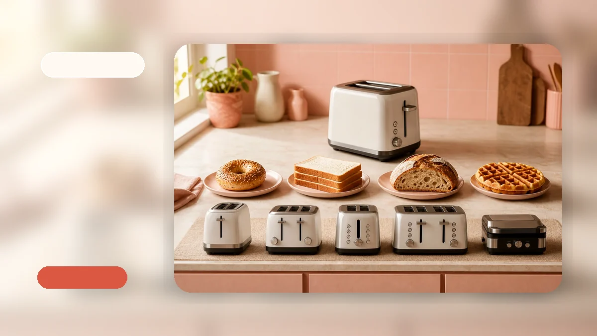 A glass toaster with clear panels on a kitchen countertop, showing golden toast through the side window