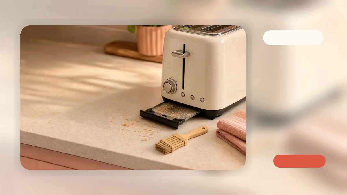 Removing the crumb tray from the bottom of a compact 2-slice toaster over a trash can