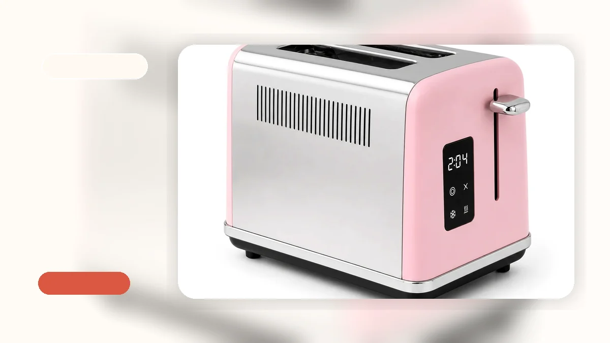 A modern smart toaster with a digital touch screen display showing browning settings on a kitchen countertop.