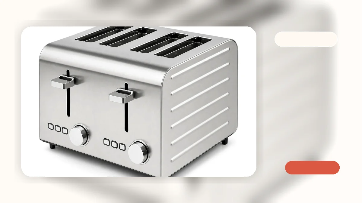 Stainless steel 4-slice toaster on a kitchen counter with bagels and sandwich bread ready to toast