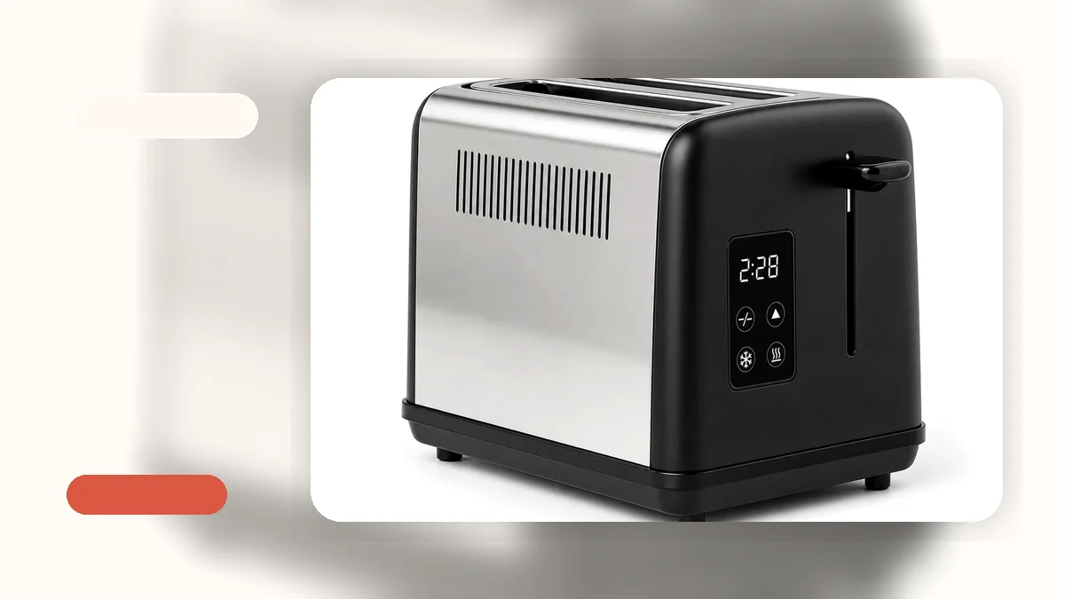 A stainless steel touch screen toaster on a kitchen countertop with a digital display showing shade settings