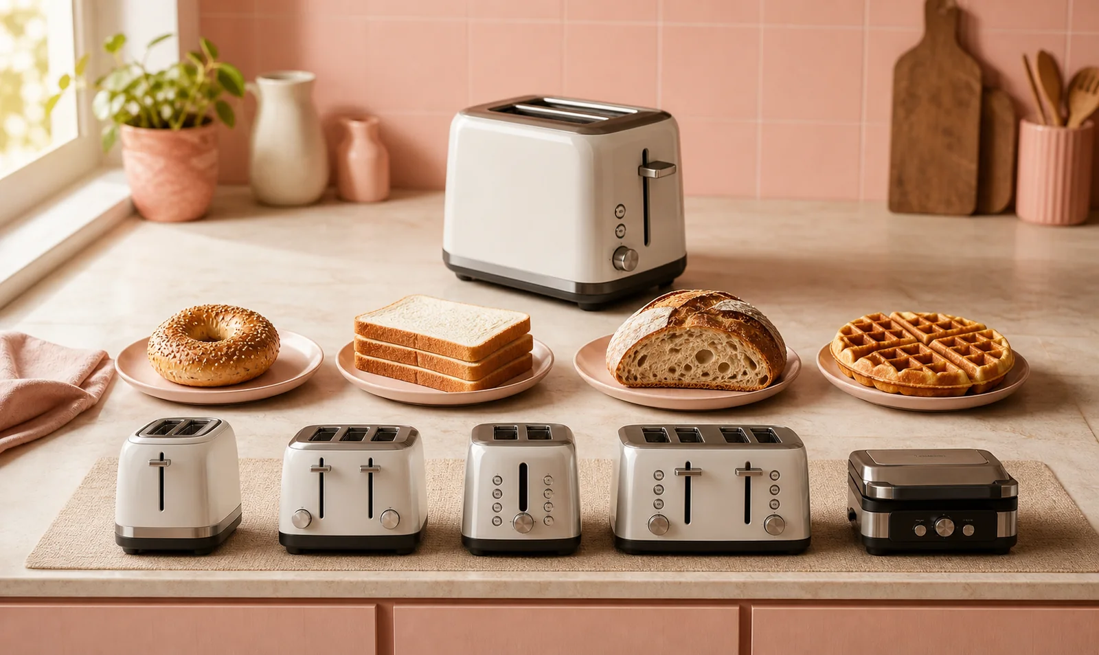 Toaster category map showing 2-slice, 4-slice, wide slot, long slot, small, and stainless choices