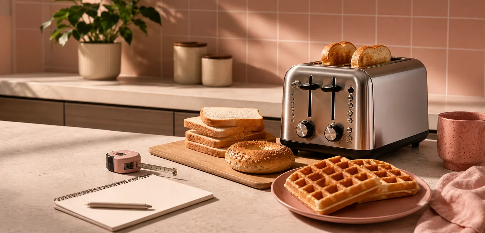 Breakfast counter with toaster, measuring tape, bagel, waffle, and notepad