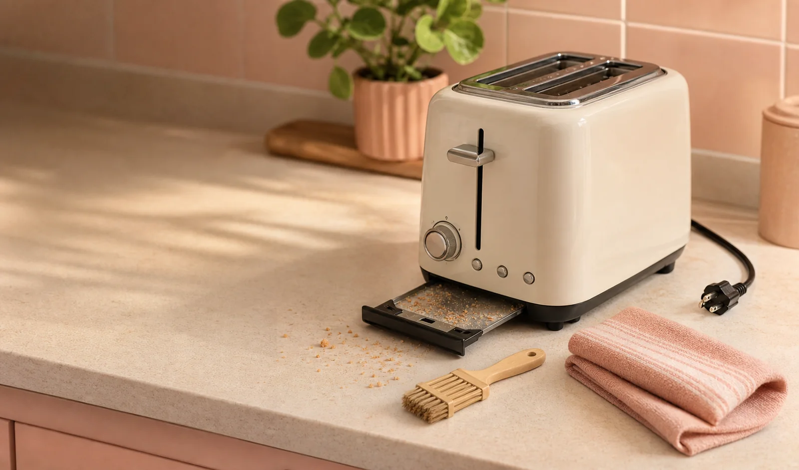Toaster crumb tray, small brush, kitchen towel, and toast crumbs on a clean counter