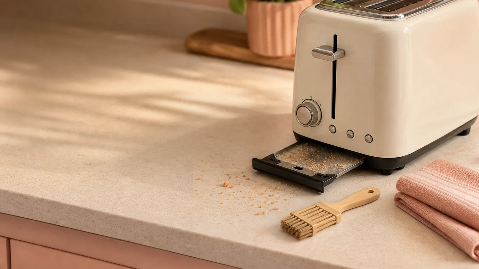 Step-by-step toaster cleaning setup with unplugged toaster and crumb tray