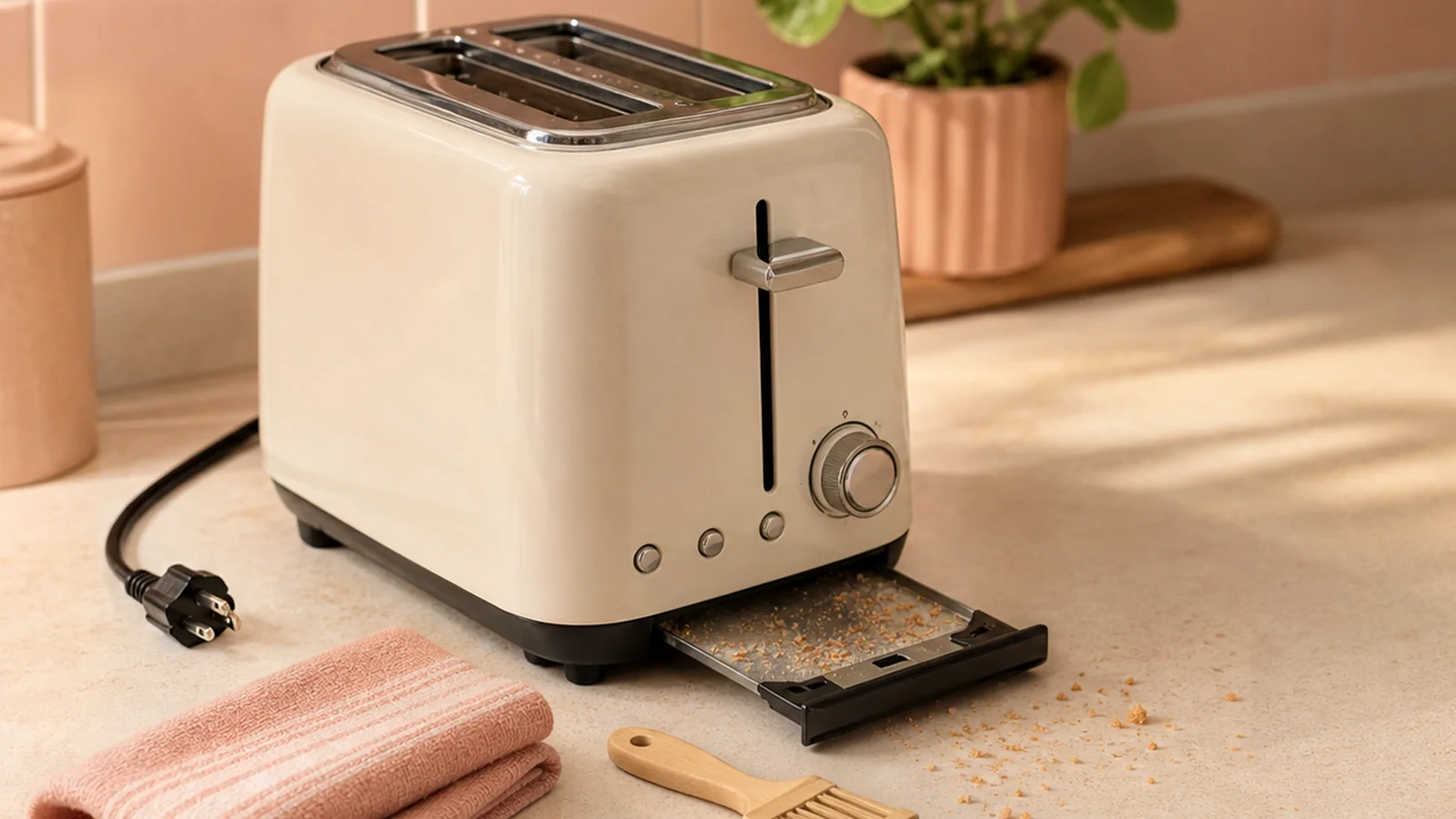 Safe toaster cleaning reminders with unplugged cord, dry towel, and crumb tray