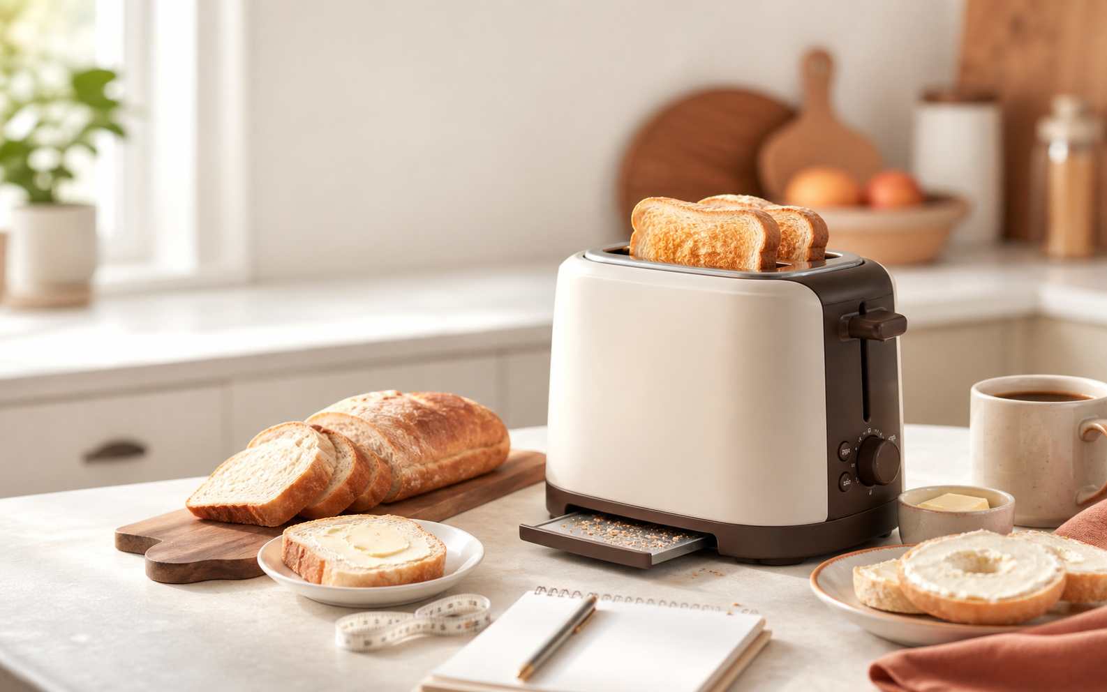 Breakfast counter with a toaster, sliced bread, coffee, and practical choosing notes