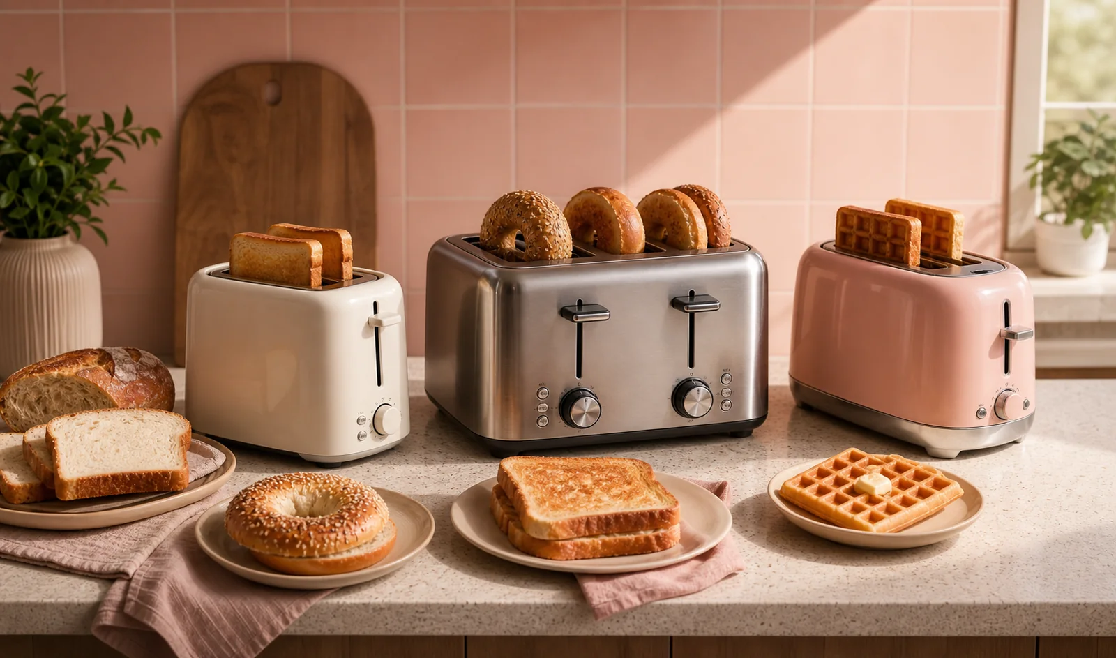 Side-by-side toaster comparison with different bread types on a kitchen counter