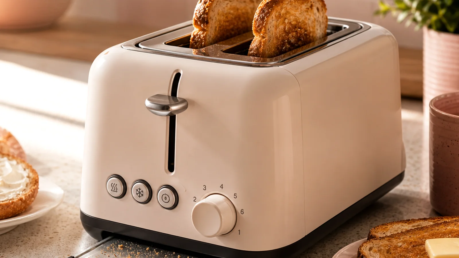 Toaster control panel showing shade settings, cancel, reheat, and defrost buttons