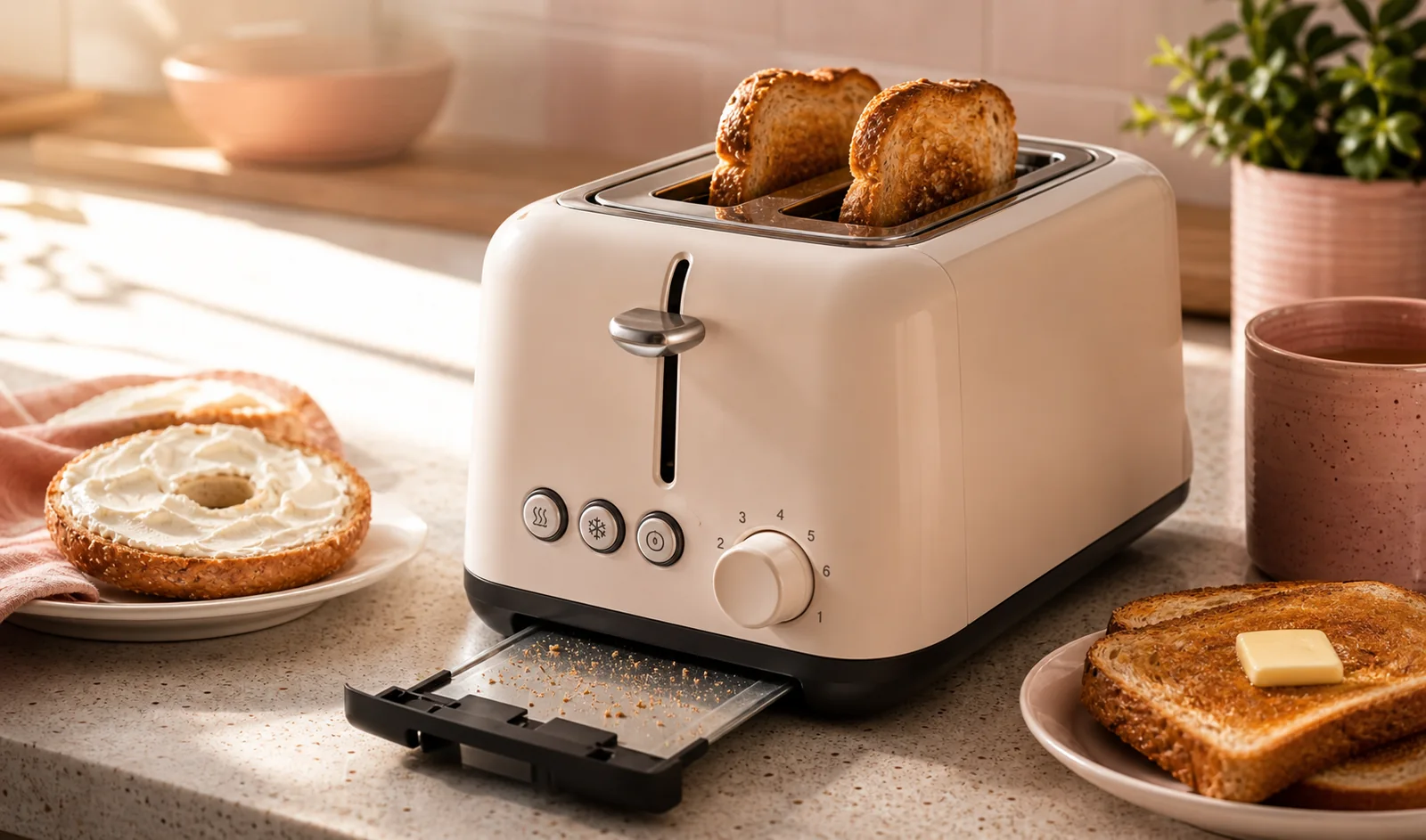 Close-up of toaster controls, slots, crumb tray, and breakfast foods