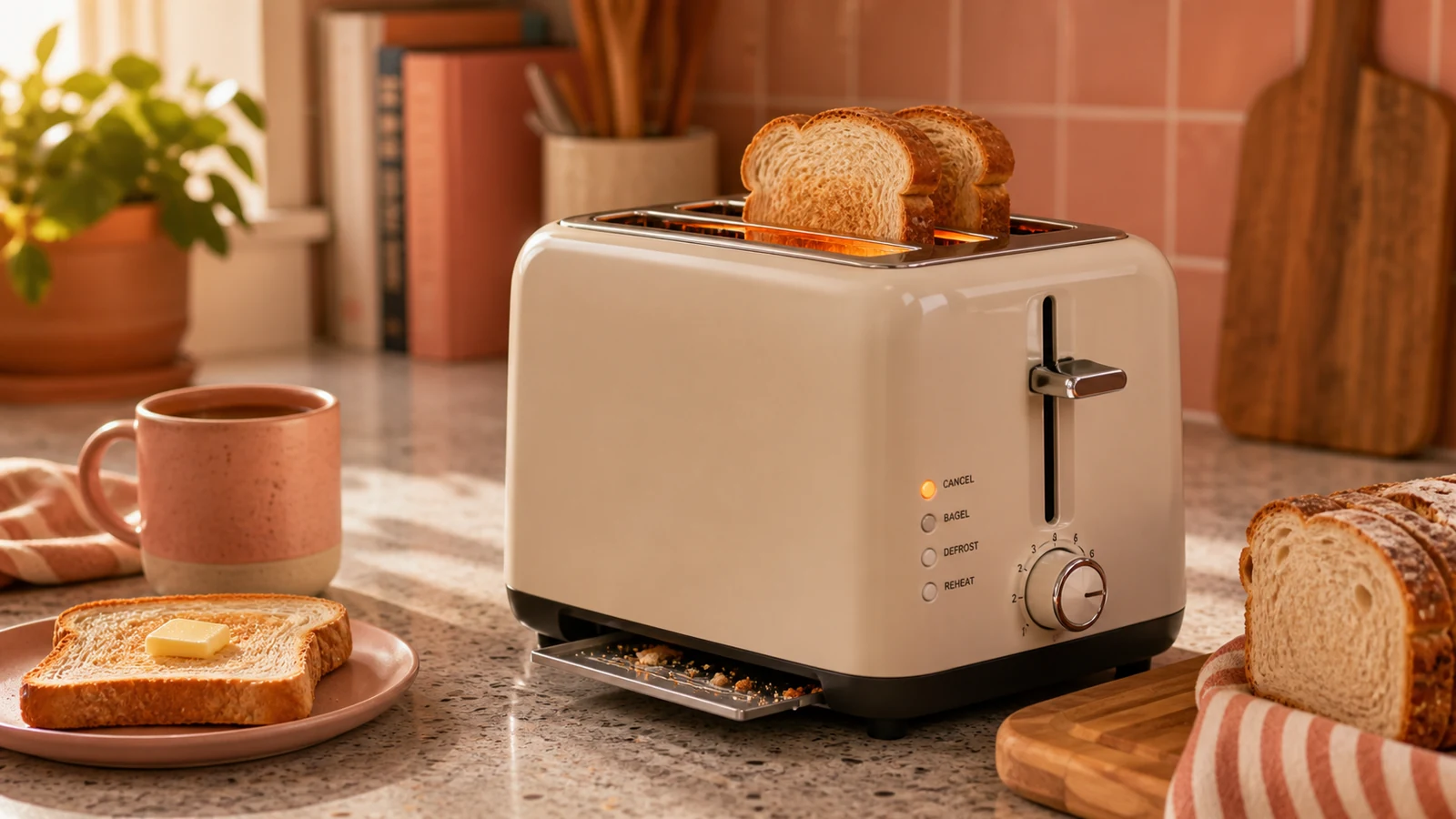 Pop-up toaster with glowing slots, shade dial, buttons, crumb tray, and toast on a warm kitchen counter