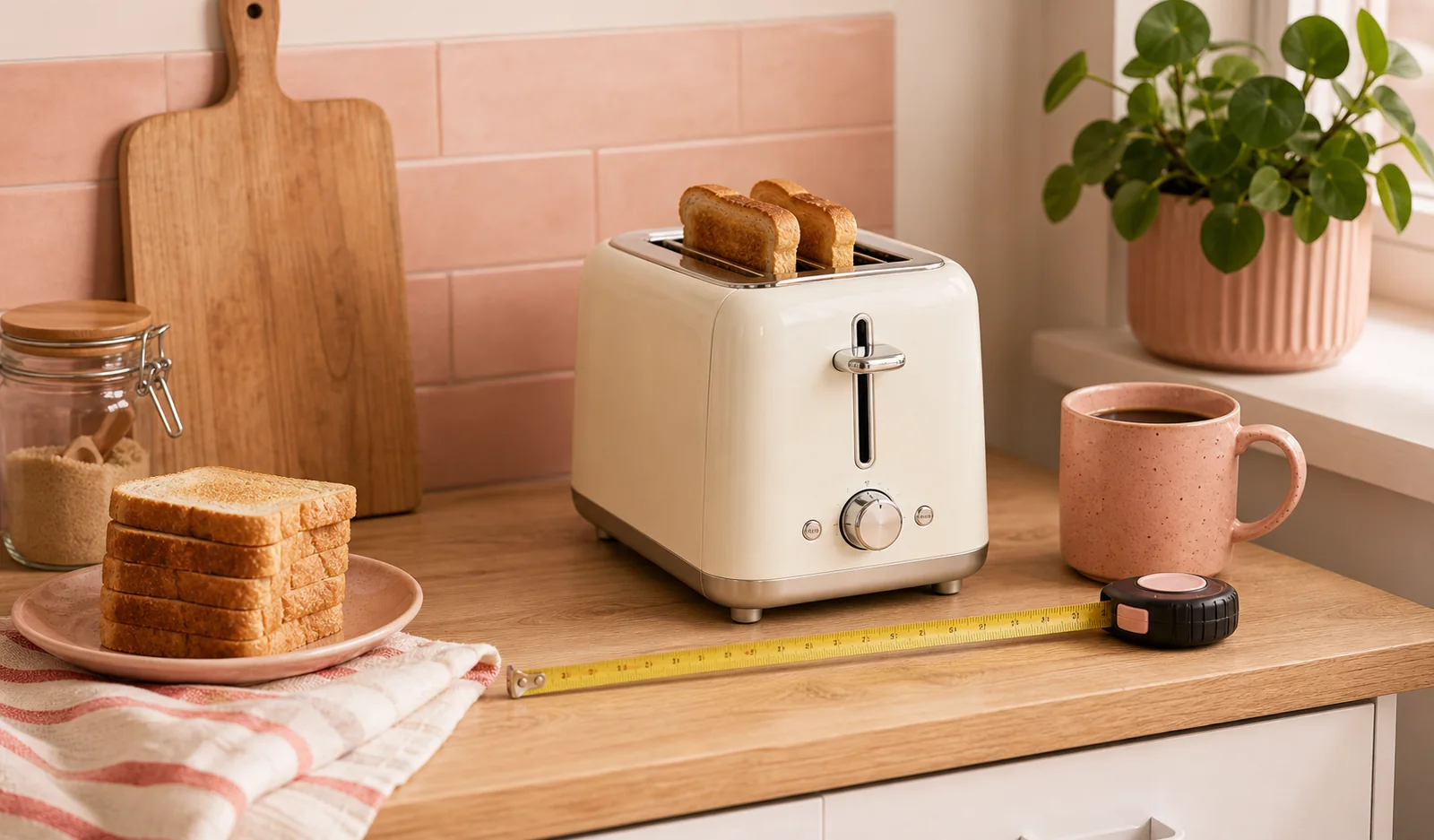 Small kitchen counter with toaster, measuring tape, bread, and mug
