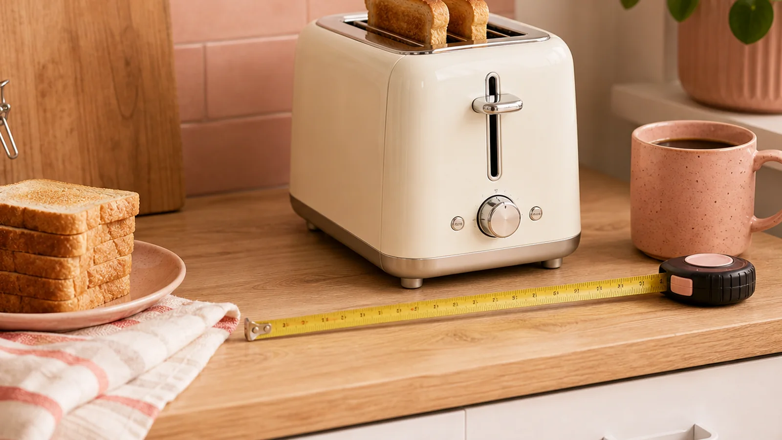 Measuring tape beside a compact toaster on a small kitchen counter