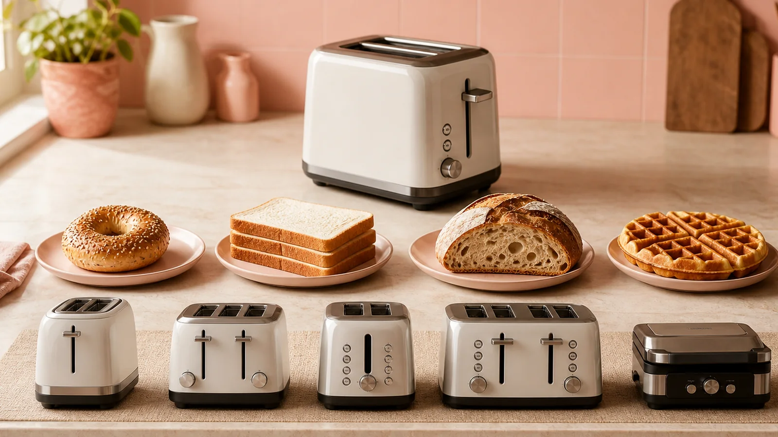 Bread type comparison showing sandwich bread, bagel, waffle, and sourdough beside toaster slots
