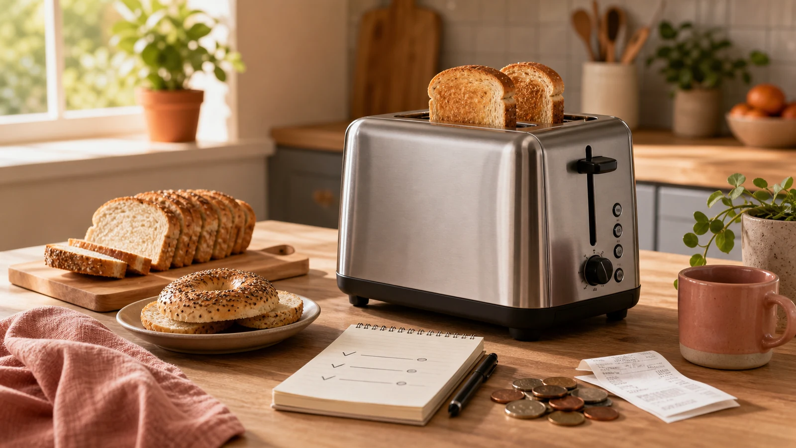 Stainless toaster on a warm kitchen counter with bread, bagel, notes, and coins for comparing toaster price and everyday value