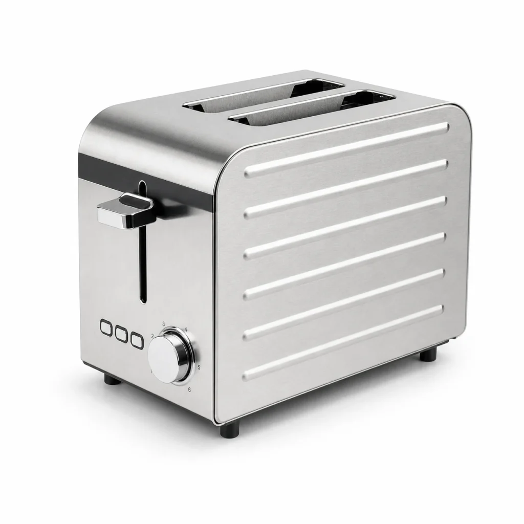 Stainless steel toaster with capacity options shown on a white background for product comparison