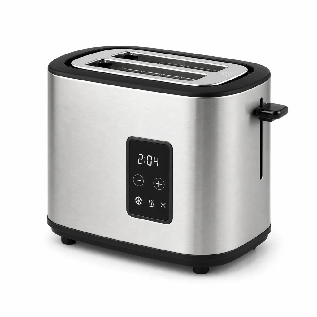 Stainless steel 2-slice toaster with touch controls shown on a white background for product comparison