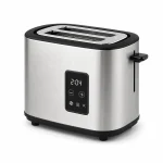 Stainless steel 2-slice toaster with touch controls shown on a white background for product comparison