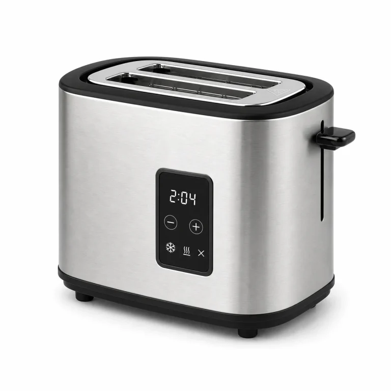 Stainless steel 2-slice toaster with touch controls shown on a white background for product comparison