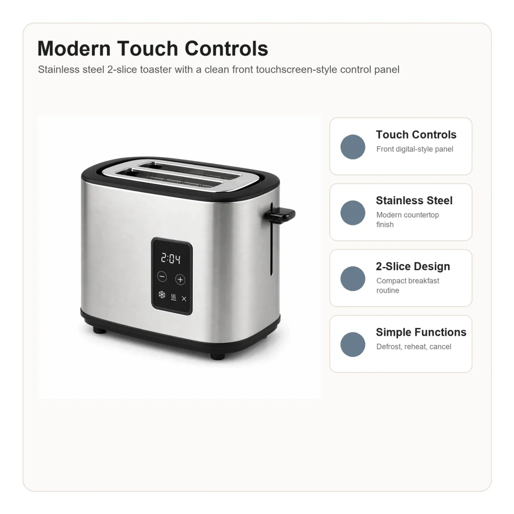 Feature highlights for stainless steel 2-slice toaster with touch controls, including controls, bread fit, and everyday toaster use