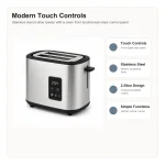 Feature highlights for stainless steel 2-slice toaster with touch controls, including controls, bread fit, and everyday toaster use