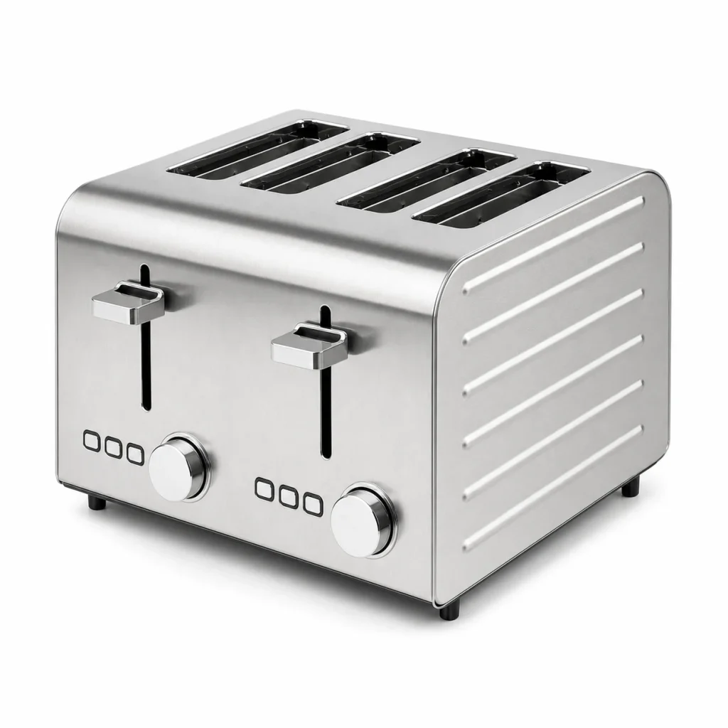 Stainless steel toaster with capacity options shown on a white background for product comparison