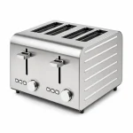 Stainless steel toaster with capacity options shown on a white background for product comparison