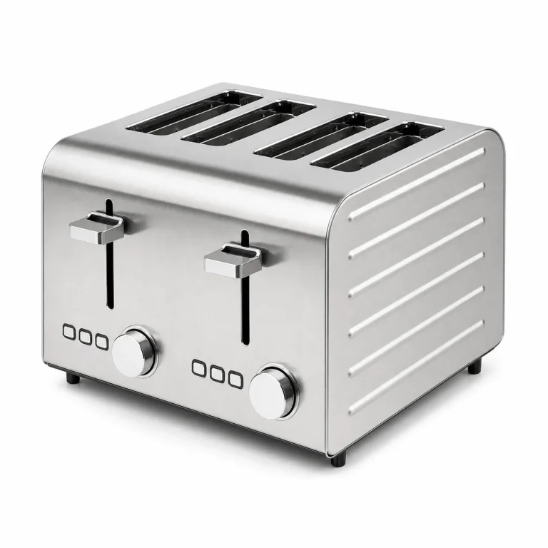 Stainless steel toaster with capacity options shown on a white background for product comparison