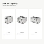 Capacity or color options for stainless steel toaster with capacity options on a clean product background